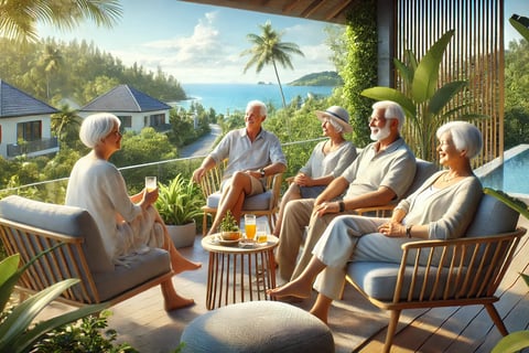 Voici l'image représentant un groupe de retraités, dont un couple suisse, profitant de leur retraite à Maurice. L'atmosphère