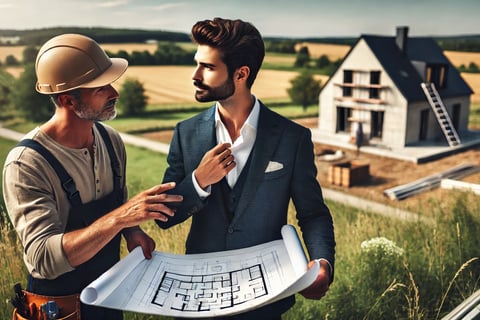 image représentant un marchand de biens inspectant une propriété à la campagne, en discussion avec un ouvrier sur les rénovat