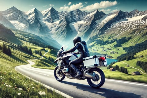 Voici une nouvelle image représentant un motard suisse parcourant une route de montagne dans un cadre alpin spectaculaire, sa