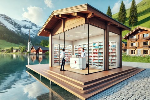 Voici une nouvelle image réaliste d'une pharmacie suisse moderne, située dans un cadre naturel différent, comme près d'un lac