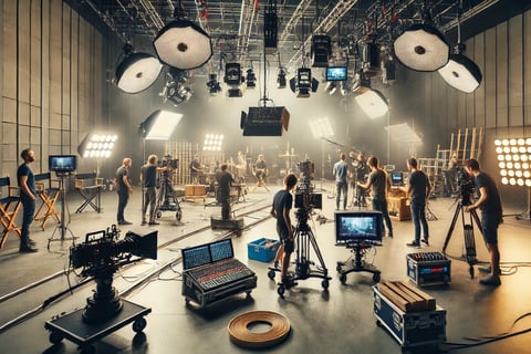 Voici une autre image, cette fois mettant en scène un plateau de tournage en studio en Suisse, avec une équipe active et des