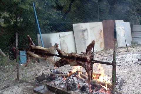 Spit roasting the sanglier