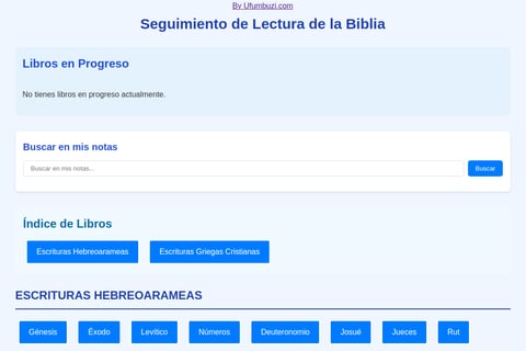 Captura de pantalla de la aplicación de seguimiento de lectura de la Biblia. Indice de libros
