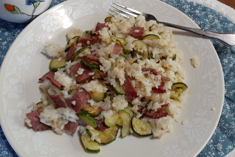 fried rice w turkey bacon and zucchini