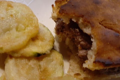 lamb burger on gf pancake and fried zucchini