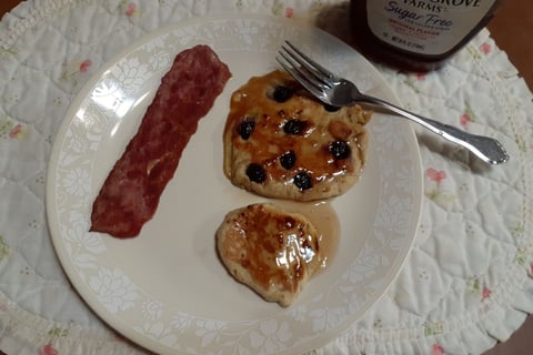 Krusteaz protein pancake and blueberries w turkey bacon and SF syrup
