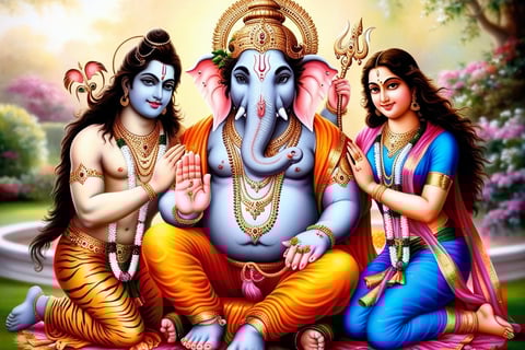 La imagen muestra a Ganesha, Shiva y Parvati, sus padres, sentados juntos y sonrientes
