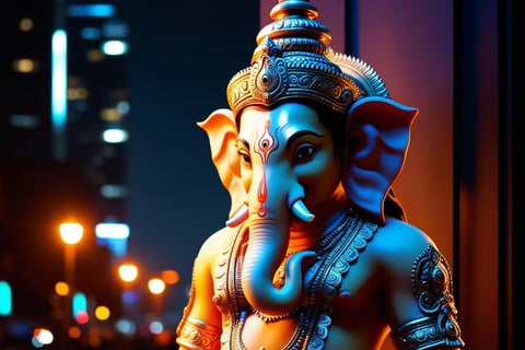La imagen es una representación de Ganesha en un ambiente urbano