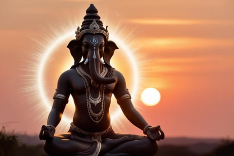 La imagen muestra a Ganesha en la posición de loto con el sol al fondo
