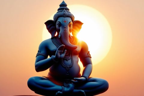 La imagen es la figura del dios ganesha meditando en el atardecer