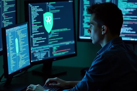 Especialista em cibersegurança trabalhando com múltiplos monitores e códigos, uma das profissões em