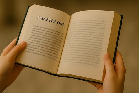 Hands holding a book open to chapter 1 - Christopher Wilson story