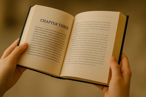 Hands holding a book open to chapter 3 - Christopher Wilson story