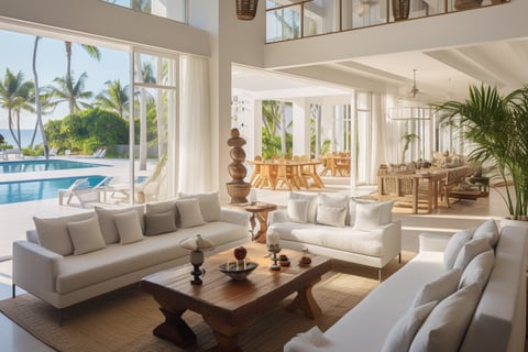 a living room with a large window and a table with a vase on it