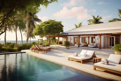 a large pool with lounge chairs and a view of the ocean