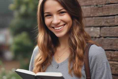 Smiling young women with a journal in her hands looking at the camera. open-page-visual-journaling.j