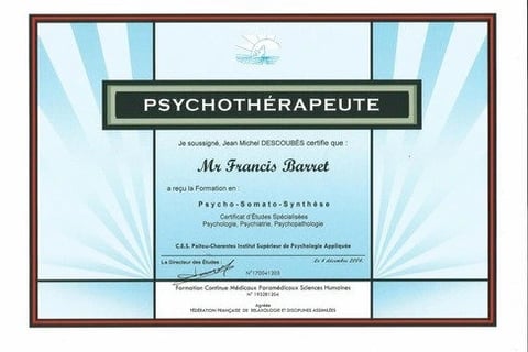 Diplôme de Psychothérapeute de Francis Barret