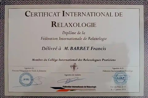 Certificat International de Relaxologie de Francis Barret délivré par la Fédération Internationale
