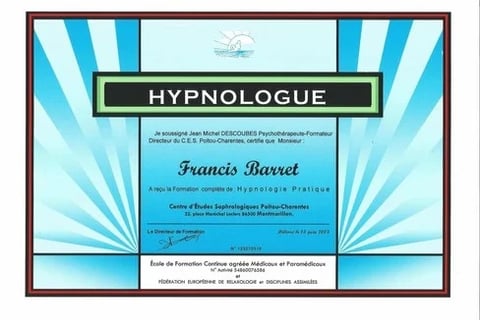 Diplôme d'Hypnologue de Francis Barret