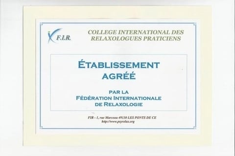 Certificat d'agrément au Collège Internatinal des Relaxologues délivré à Alcyon 86 par la F.I.R.