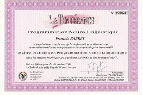 Diplôme de Master en Programmation Neuro Linguistique (PNL) de Francis BARRET délivré par L'I.E. PNL
