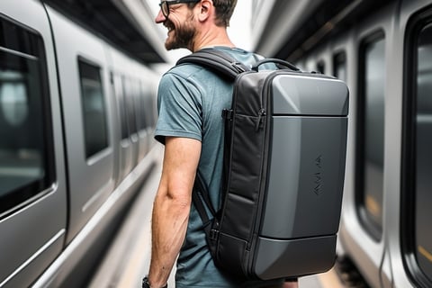 a man with a backpack on a train