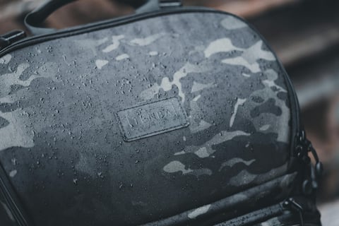 a black and white camouflage backpack with a camouflage print