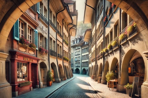 Voici une illustration d'une ruelle pittoresque de Berne, capturant l'ambiance unique de la vieille ville avec ses arcades et