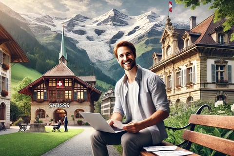 image, mettant en scène un environnement extérieur pittoresque en Suisse, avec un bâtiment bancaire historique entouré de mon