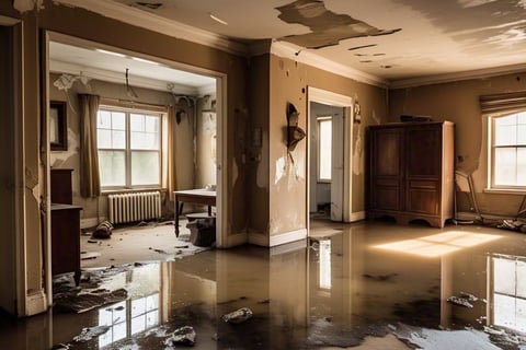 Signs of water damage: standing water, damp carpets, water stains, musty odors, mold growth, warped 