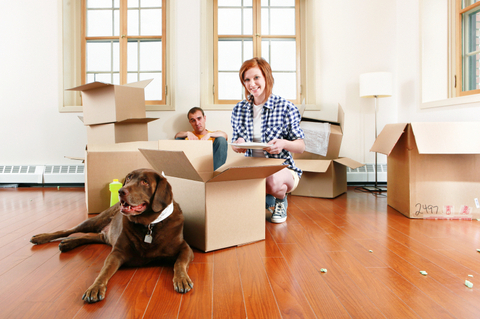 a woman sitting on a couch with a dog in a box