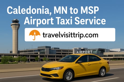 TAXI of the Houston CountY yellow car driving down a highway with a large airport in the background