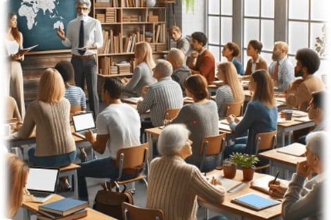 a classroom with a teacher and students