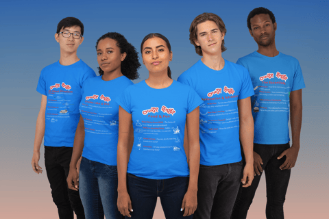 Five young people each wearing a different "Cruise Lingo" shirt.