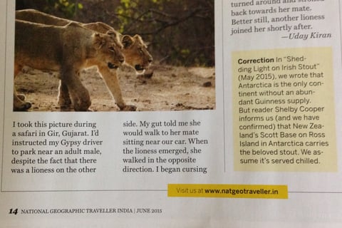 Uday kiran's image of lioness in the National Geographic Traveller
