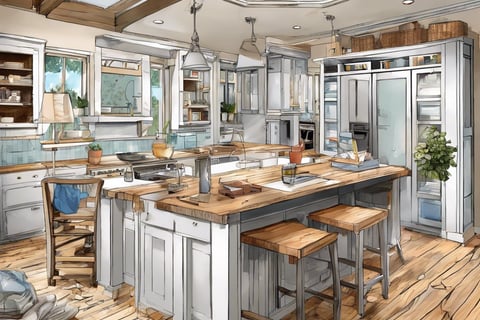 a kitchen with a large island and a skylight