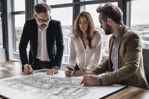 a group of people standing around a table with a blueprint