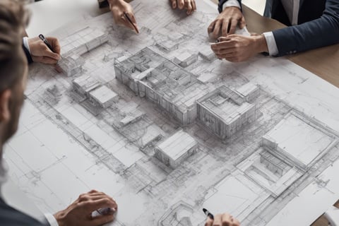 a group of people sitting around a table with a drawing of a building
