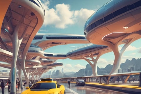 Aéroport et gare du future avec un taxis