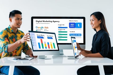 digital marketing consultant, presenting seo and social media results report to client