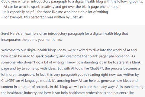 ChatGPT response example of an introductory paragraph to a blog