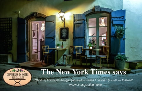 Rue Galilee B&B exterior with New York Times quotation from journalist Alexander Lobrano