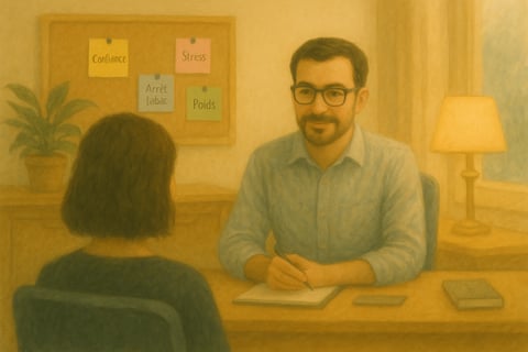 Thérapeute en séance dans un cabinet chaleureux, tableau avec mots-clés : stress, confiance…