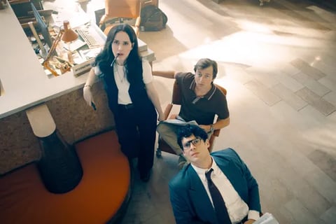 Lois Lane (Rachel Brosnahan) Jimmy Olsen (Skyler Gisondo) and Clark Kent (David Corenswet)