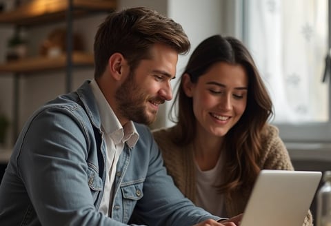 a man and woman sitting at a table with a laptop