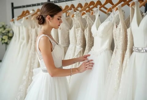 femme regardant robe qui reflechie au choix de sa robe de mariee