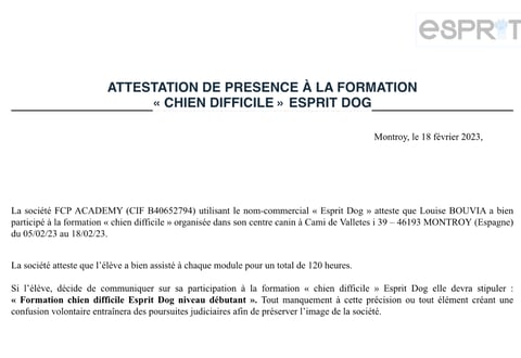 Attestation de présence formation chien difficile Esprit Dog Pro