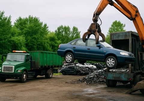 A scrapyard showing a blue sedan being lifted by an orange hydraulic claw, with a green tow truck.