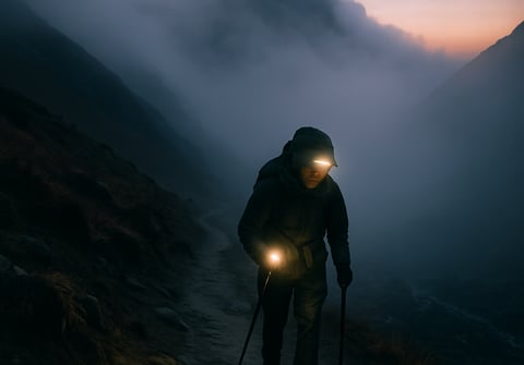 Trekker descending in early morning fog to treat altitude sickness.