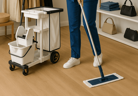 professional cleaner during retail cleaning service